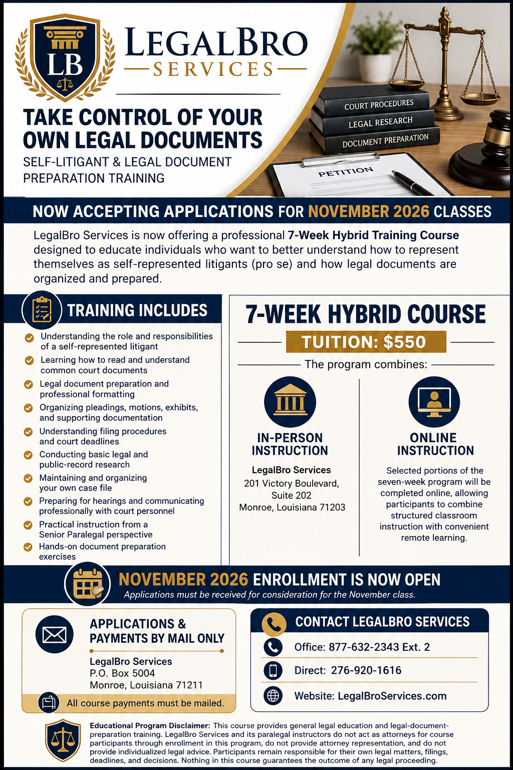 LegalBro Services November 2026 Self-Litigant and Legal Document Preparation Training course flyer