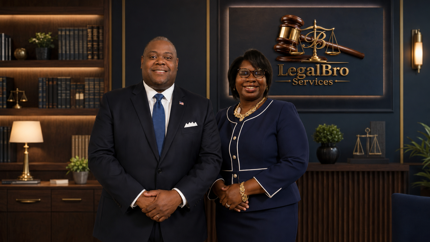 Mr. John R. Badger and Mrs. Markesha G. Badger, owners of LegalBro Services, in a professional LegalBro paralegal-services office