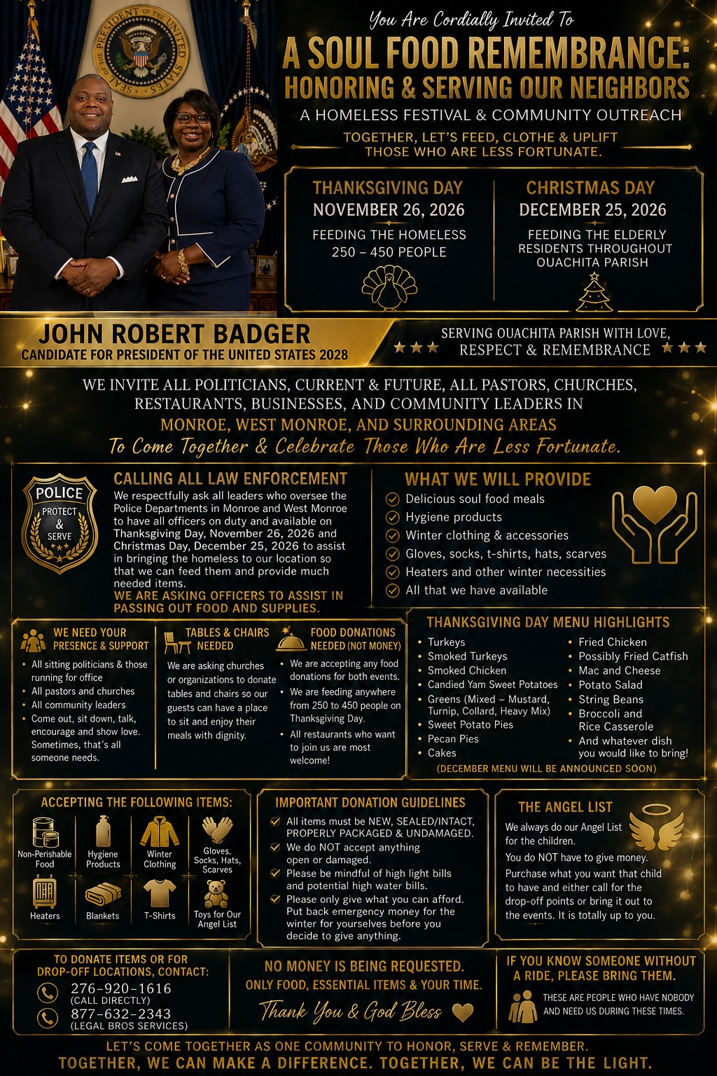 A Soul Food Remembrance 2026 homeless festival and community outreach flyer featuring John Robert Badger and Markesha Badger